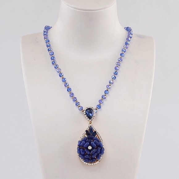 STS Jewelry - Royal Blue Floral Cat's Eye Teardrop  Crystal Bead Pendant Necklace Goldtone